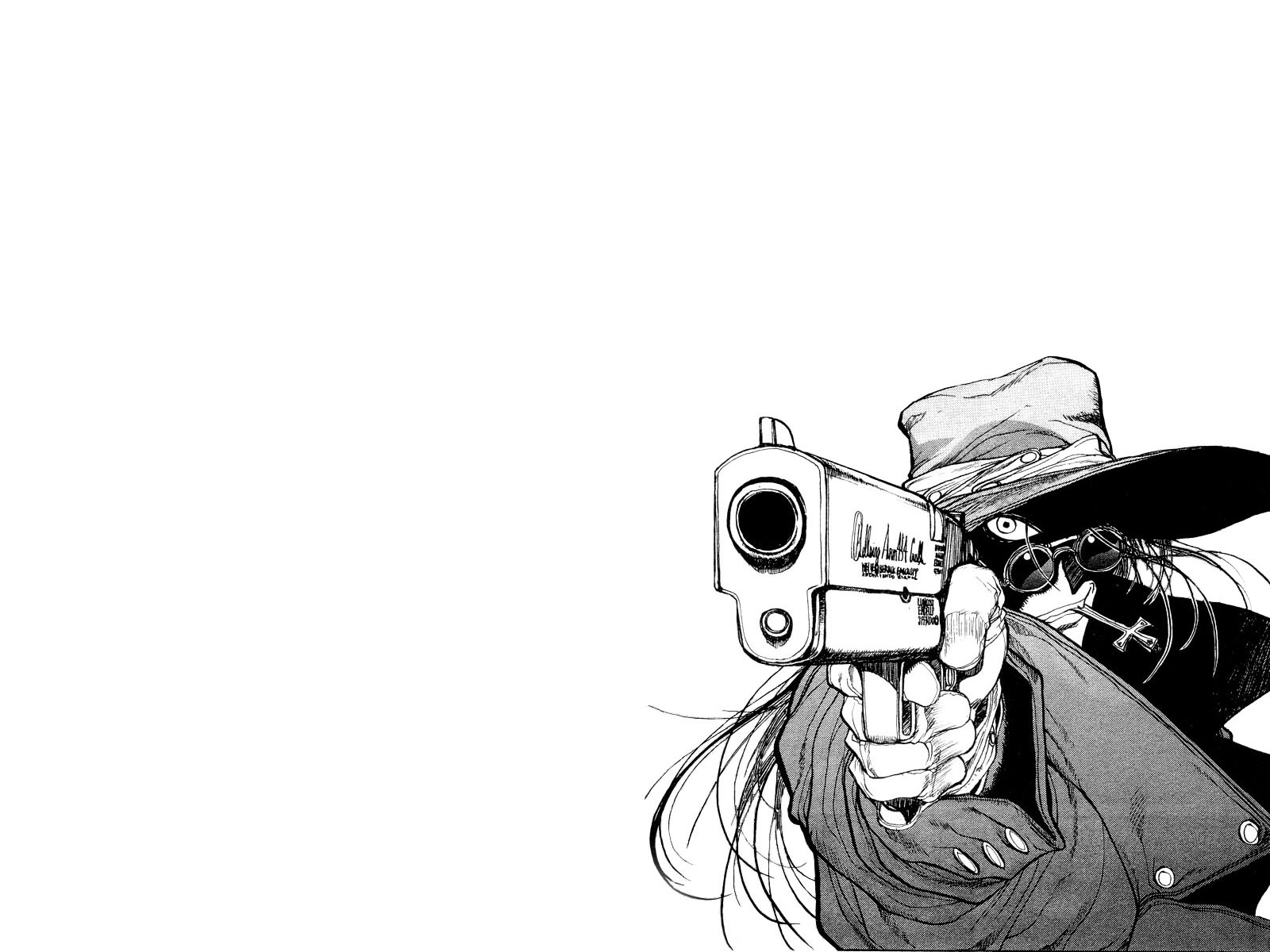 manga hellsing alucard wampir broń pistolet krzyż czarno-biały