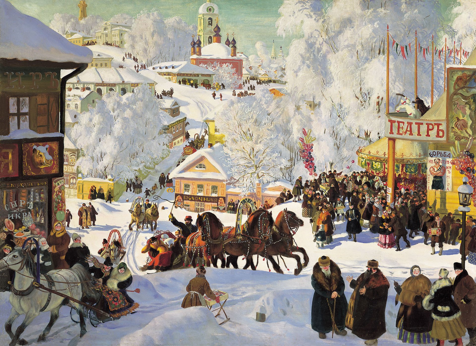 kustodiev bild stimmung urlaub dreier menschen schnee winter pferde theater frost