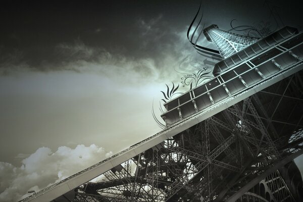 Ramka artystyczna Wieży Eiffla w Paryżu w odcieniach szarości