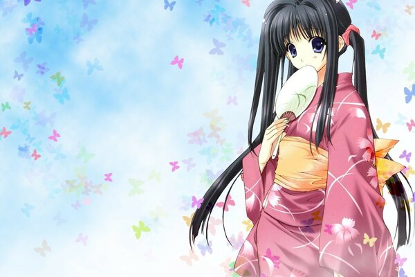 Girl in kimano anime spring butterfly