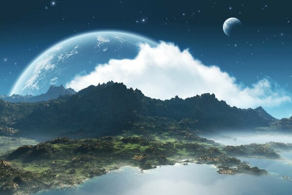 Geheimnisvolle Insel auf dem Hintergrund des Planeten und des Mondes