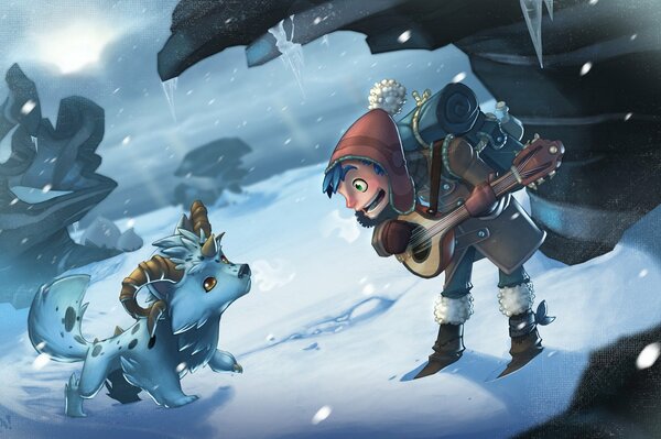 Рогатый лисёнок и мальчик с брынчалкой на снегу