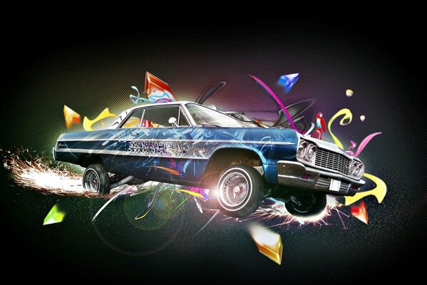 Multicolored graffiti of a car on a black background