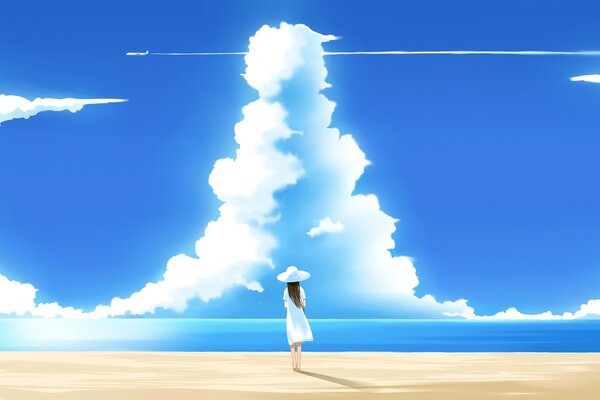 Девушка в белом, идущая по пустынному пляжу
