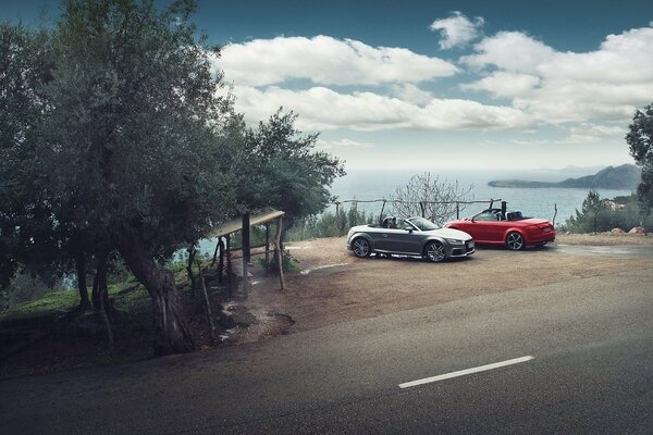 Audi TT and roadster in the parking lot with sea view