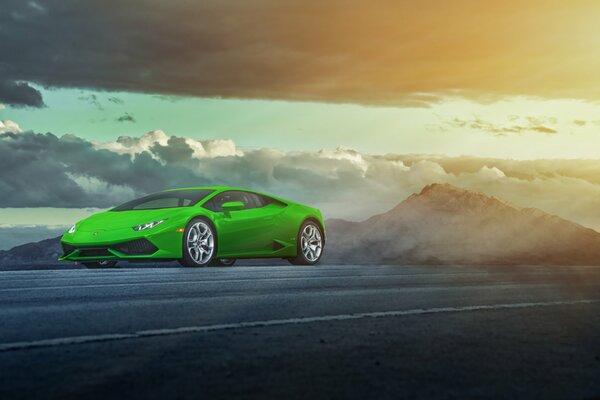 Green lamborghini at dawn