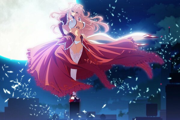 Anime girl on the background of the Moon in a red fluttering cloak on an almost naked body