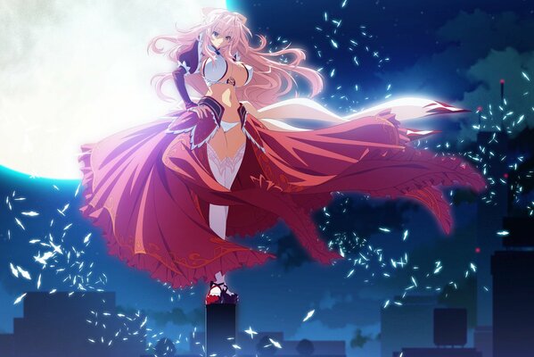 Dziewczyna z anime na tle księżyca w czerwonym trzepoczącym płaszczu na prawie nagim ciele