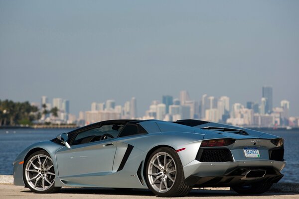 Lamborghini aventador lp700-4 de color acero junto al lago en el fondo de los rascacielos