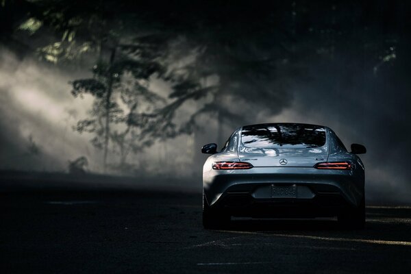 Mercedes Benz AMG 2016 in the dark forest and the glare of the sun