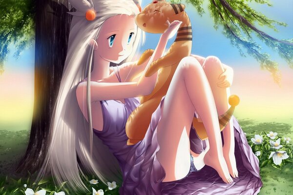 Anime chica bajo un árbol con un pequeño animal