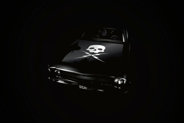 Une voiture avec un crâne est représentée sur un fond noir