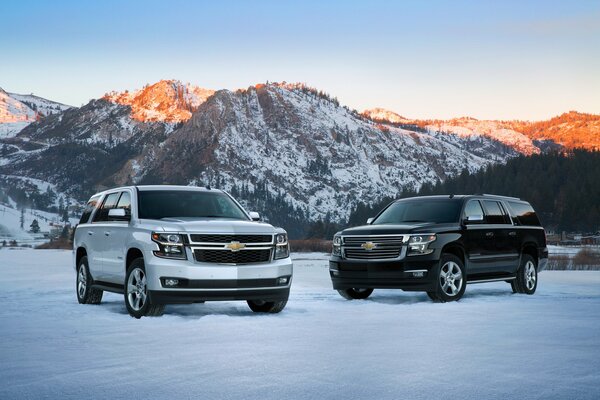 Zwei GELÄNDEWAGEN der Firma Chevrolet stehen im Schnee, wo schöne schneebedeckte Berge im Hintergrund zu sehen sind