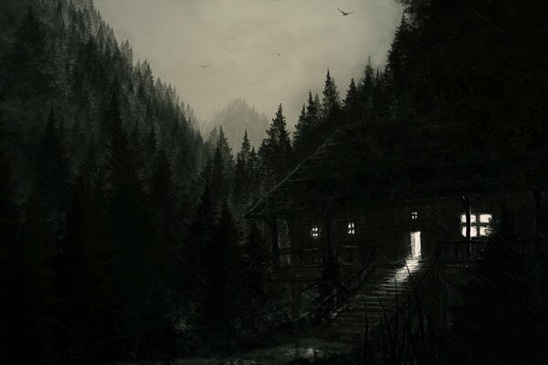 A house in the night wilderness of the forest