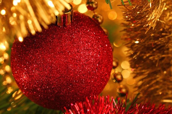 Christmas tinsel, Christmas decorations, red ball