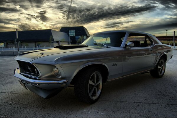 Silver mustang on the background of cloudy sky and houses