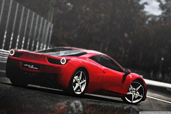 Red Ferrari in cloudy weather