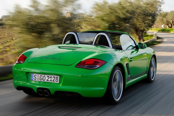 Porsche boxster at speed among the trees