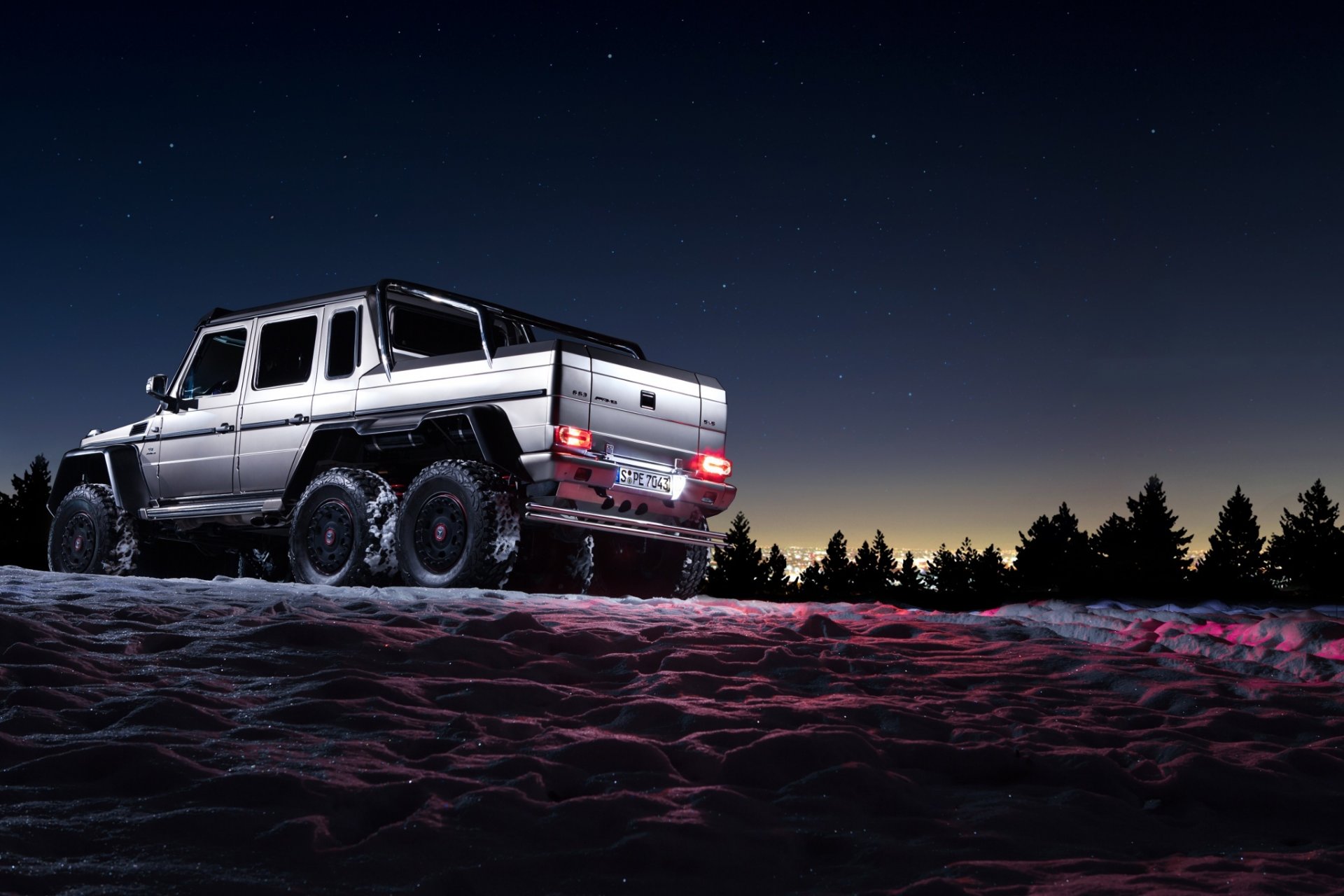 mercedes-benz g63 6x6 amg nieve sol fondo oscuridad noche