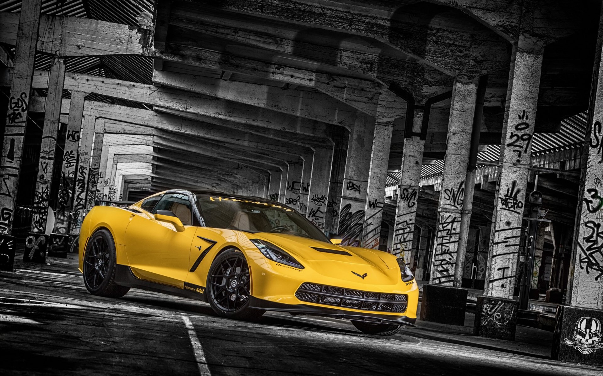 ruffer prestazioni chevrolet corvette stingray hpe700 chevrolet tuning giallo anteriore colonne sfondo