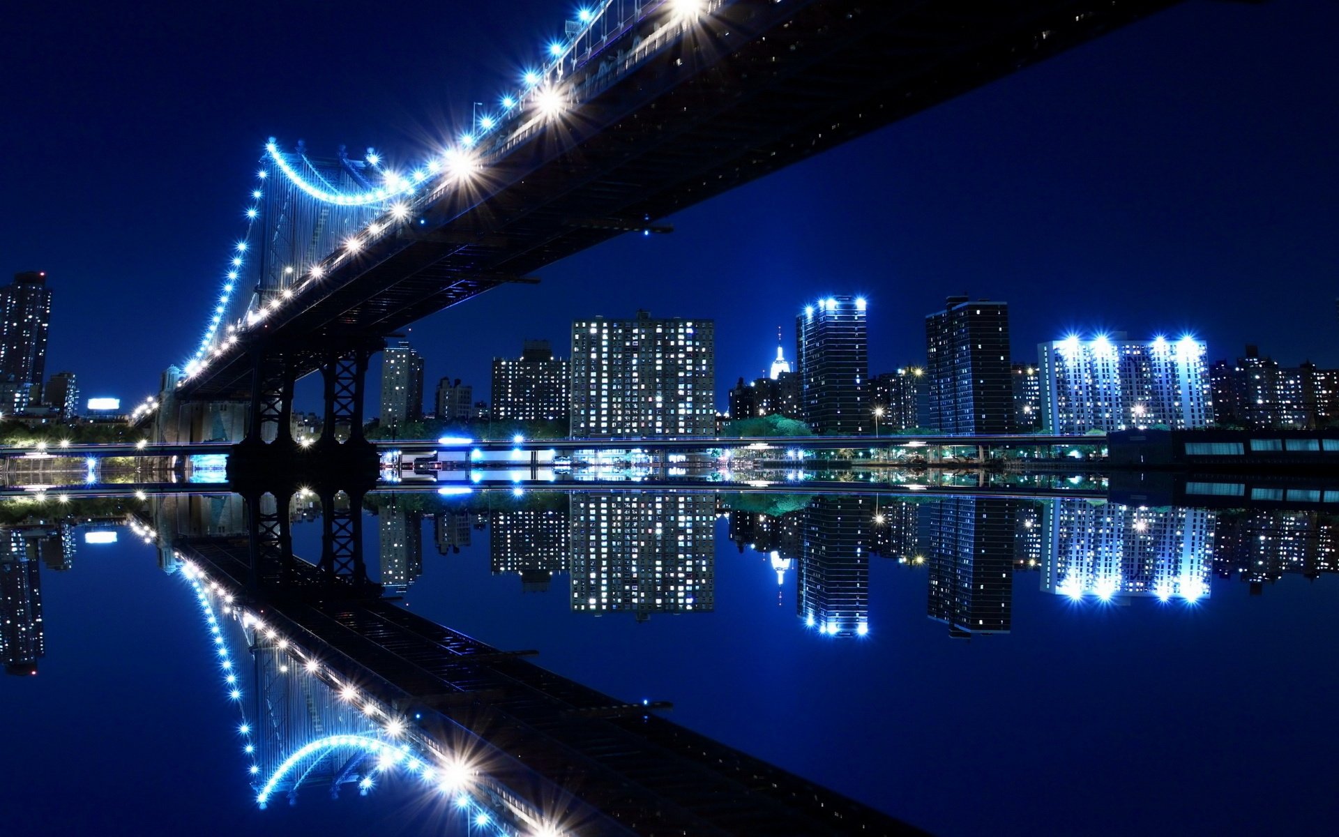 bridge blue new york river water reflection lights night the city building the evening architecture the night sky the lights of the city