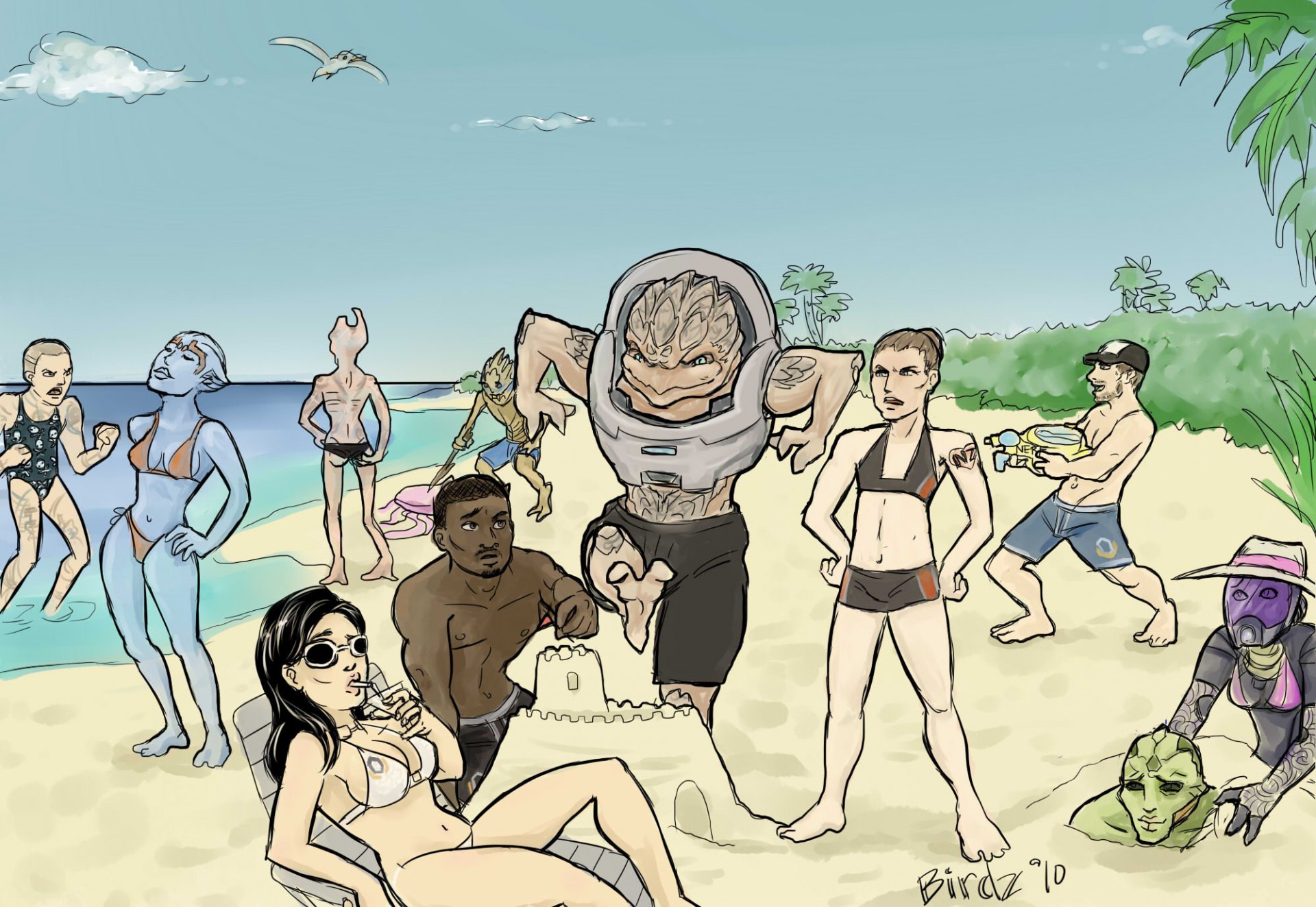 mass effect crew on vacation château de sable mer mer sable sable équipe équipage plage gens mouettes bronzage verdure côte nuages dessins anime