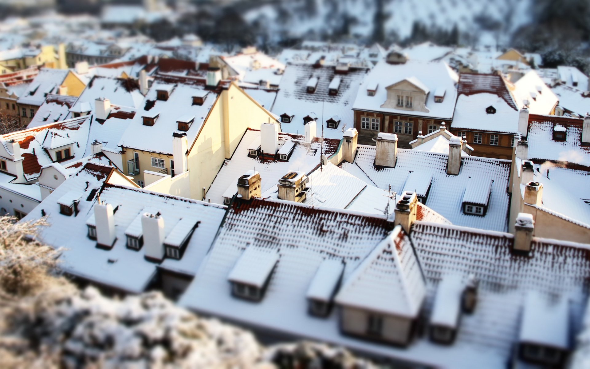 tilt shift prague maisons neige toits hiver ville bâtiments eau rivière rue architecture