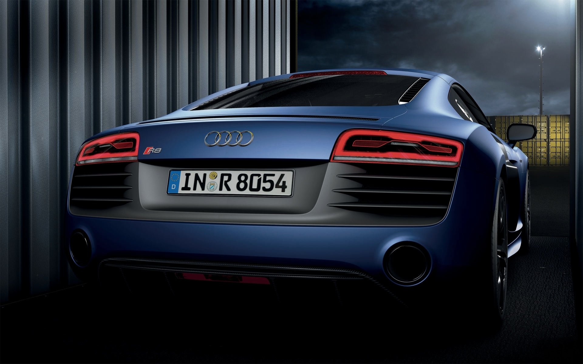 audi r8 v10 bleu auto conteneurs nuit nombre