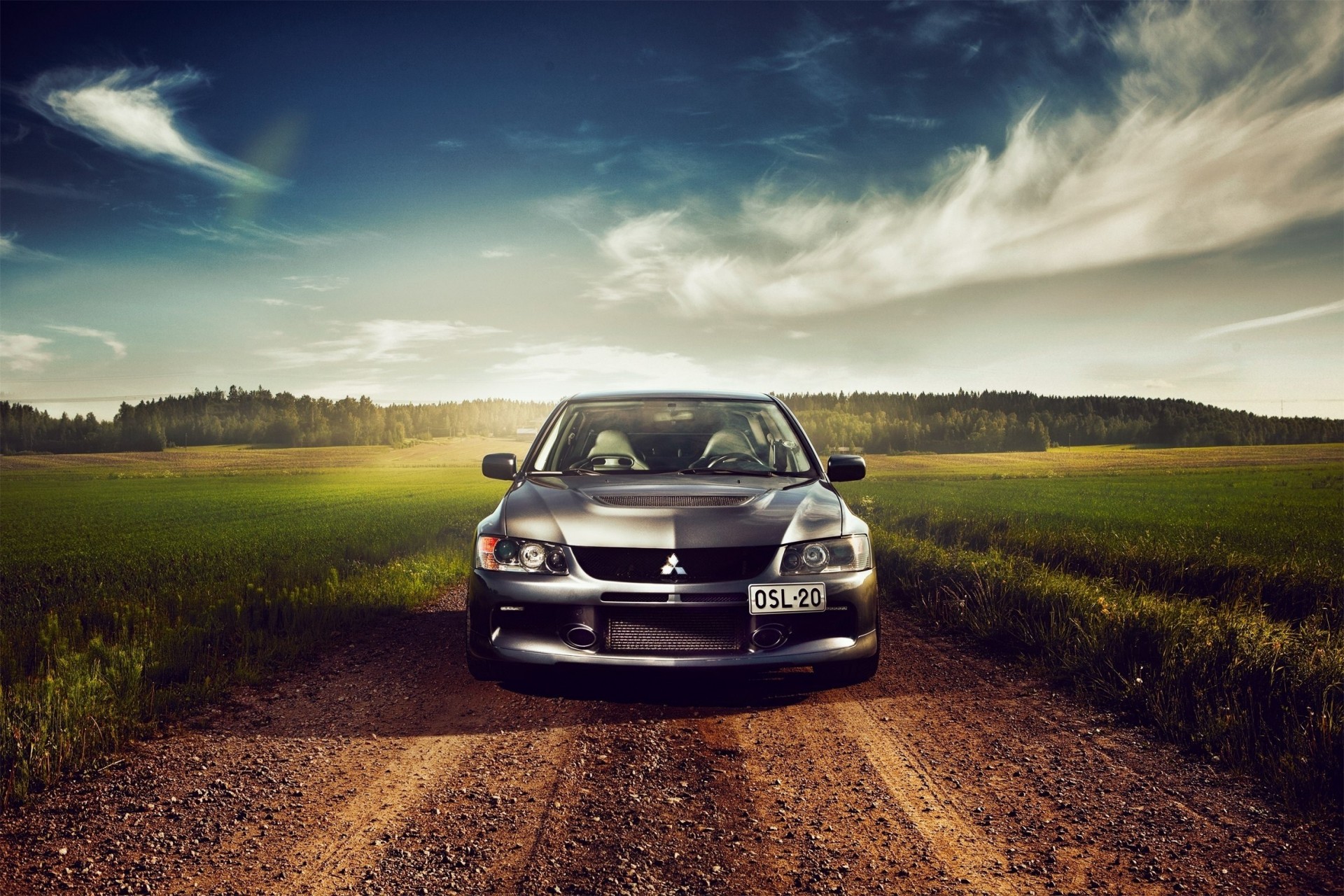 ewolucja taczka chmury drzewa trawa reflektory niebo droga samochód czarny auto mitsubishi mitsubishi lancer