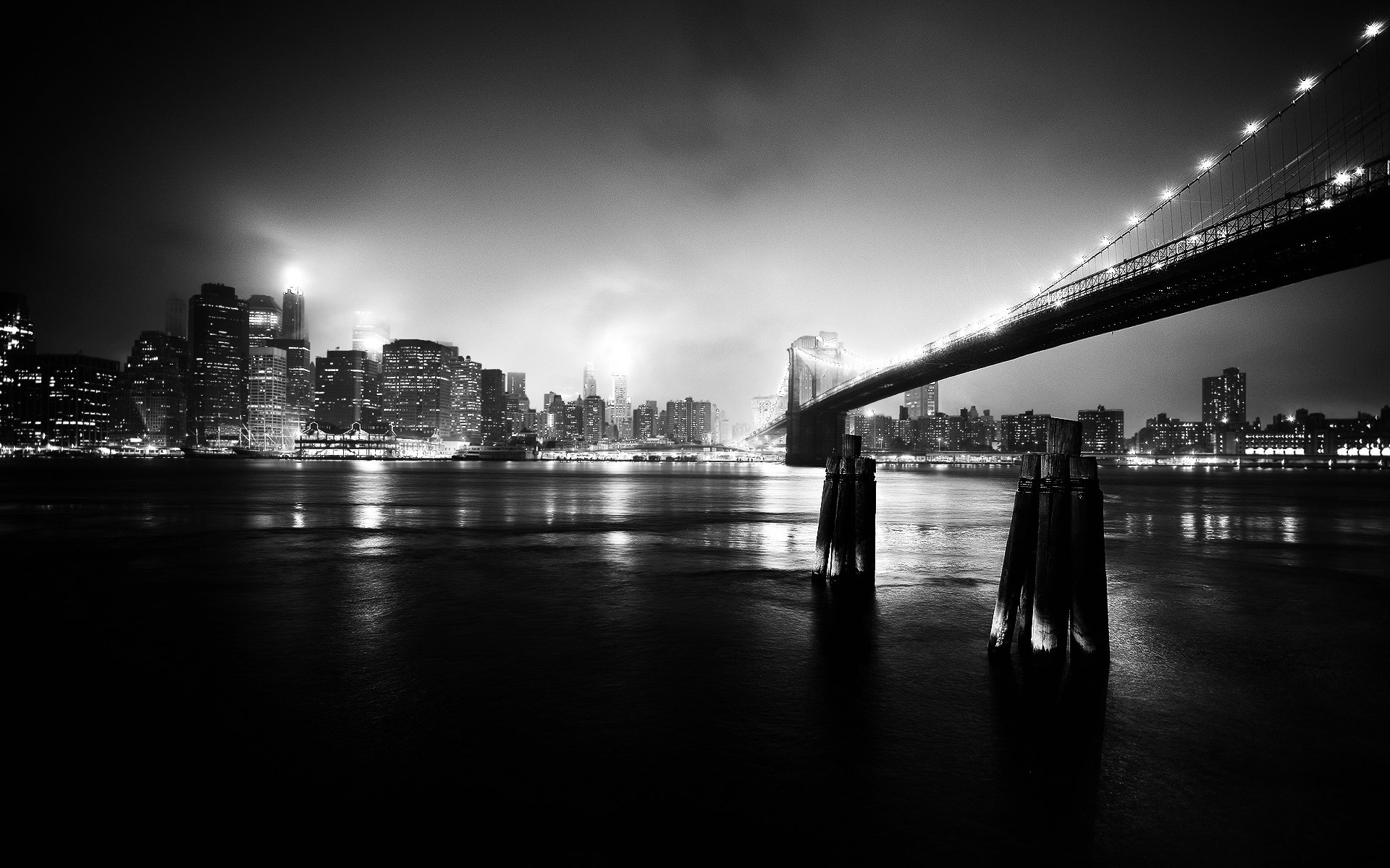 bridge new york black and white the city river water night lights the lights of the city