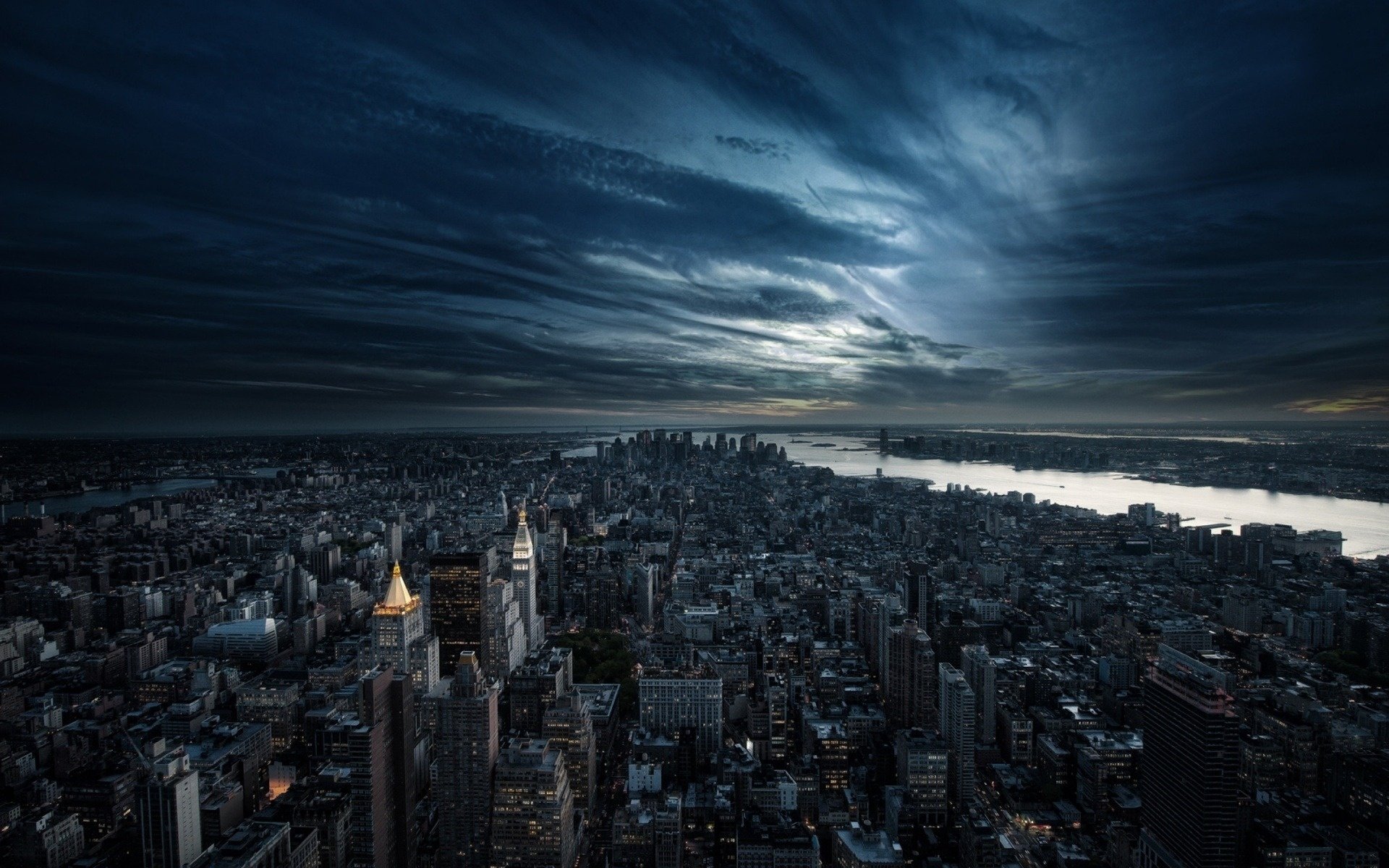 ville etats-unis soir new york amérique nuages nuit rivière fond métropole coucher de soleil bâtiments ciel obscurité