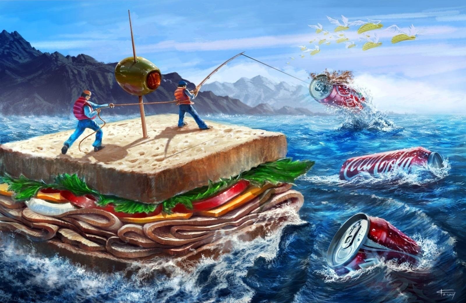 mare sandwich coca-cola mais sandwich oliva disegni onde creativo persone pesca montagne anime