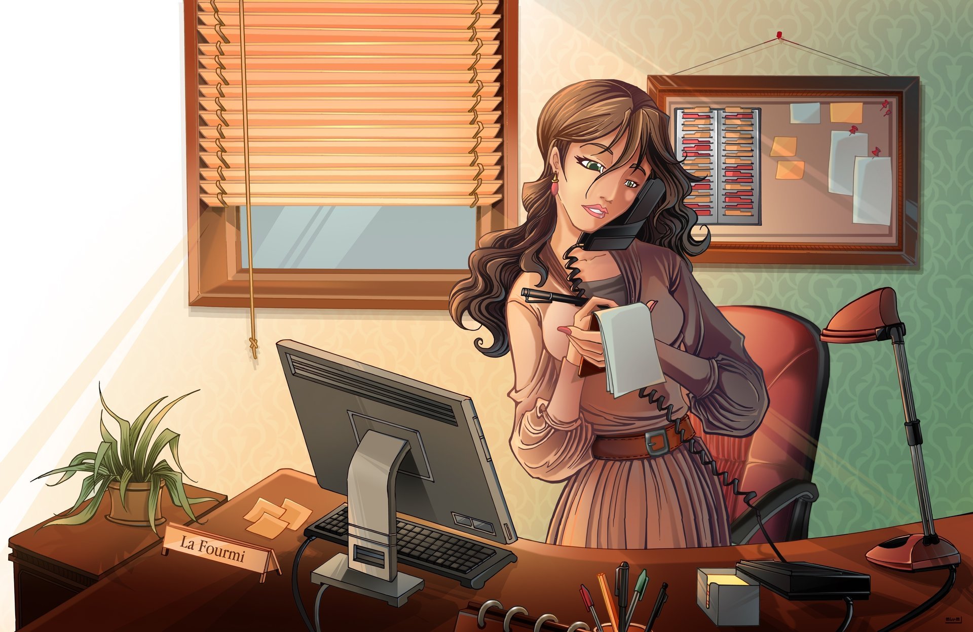 offise workplace phone office place secretary notepad girl computer office window blinds painting flower lamp stationery accessories drawings anime women