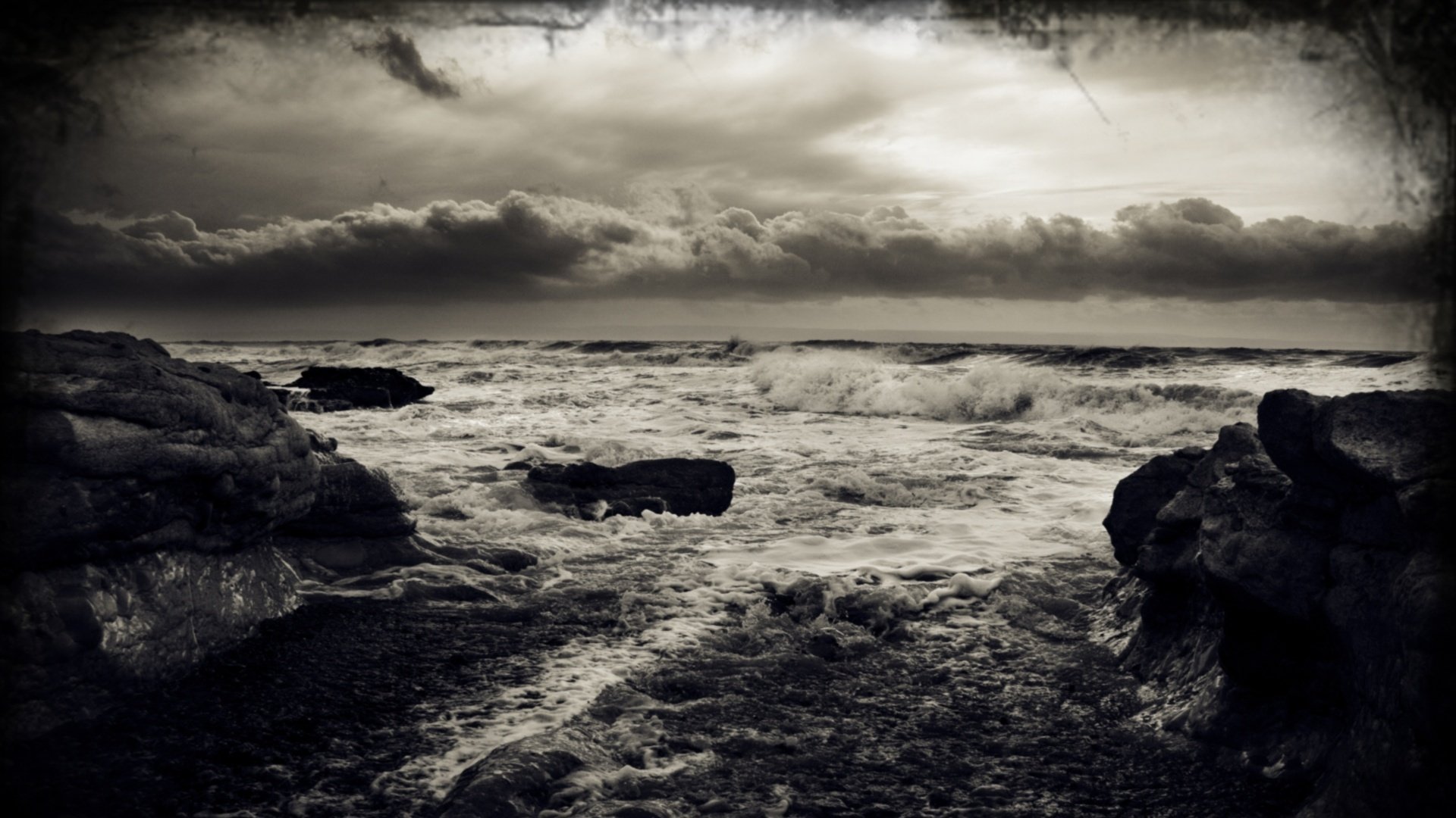 black and white landscape sea nature storm clouds sea waves foam rocks wind water sky grayness storm red ble coast clouds horizon black and white view b-w