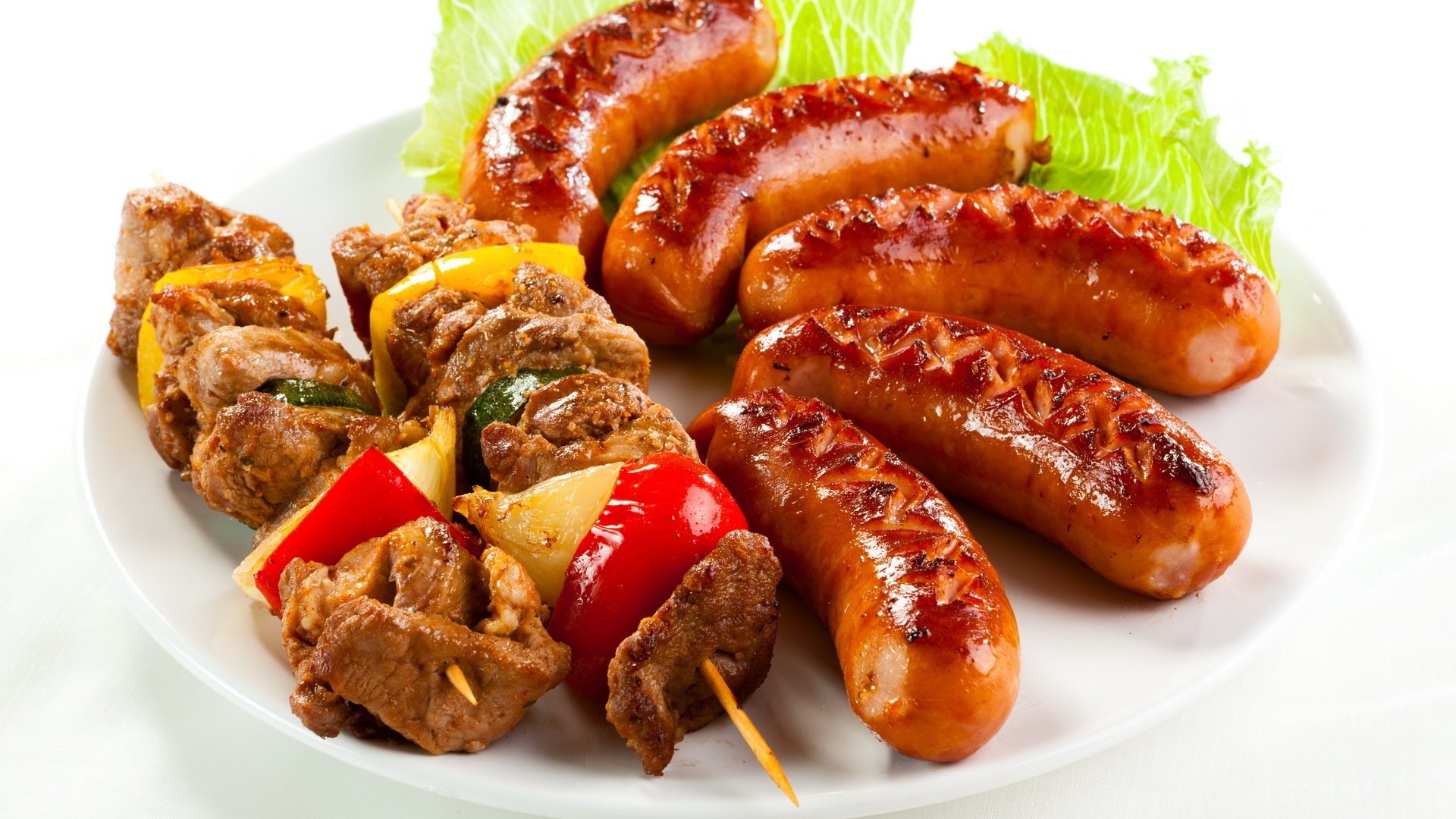 ausages food goodies meat kebab delicious appetizing salad summer hd wallpapers sausage