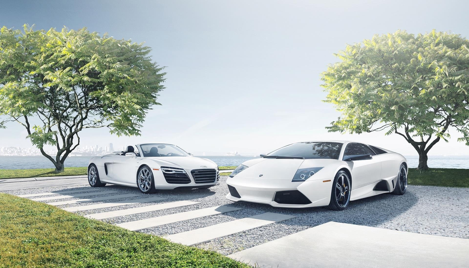 audi r8 spider lamborghini murcielago lp640-4 bianco supercar alberi erba cielo sole