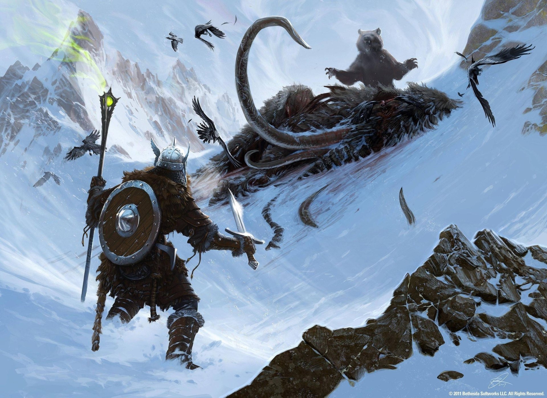 art mammoth adventurer skyrim skyrim the elder scrolls mountains fighting warrior bear weapons sword birds rocks snowdrifts snow winter drawings anime snow-a mountains-a men-a