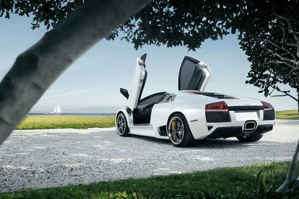 Supercar blanc avec portes ouvertes