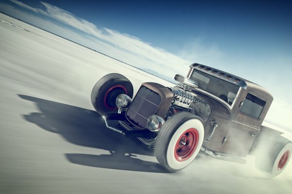 Retro cars, at speed in the desert