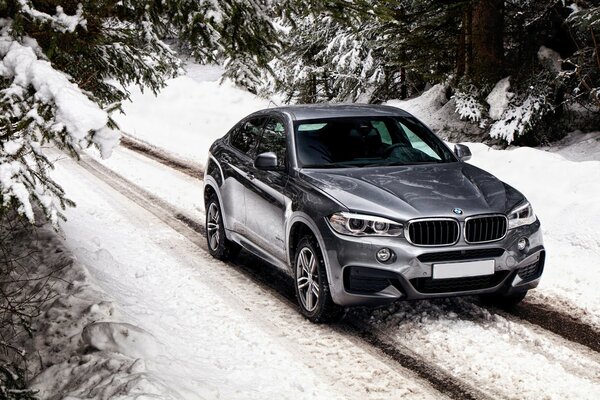 Un BMW x6f16 circula por un camino forestal nevado