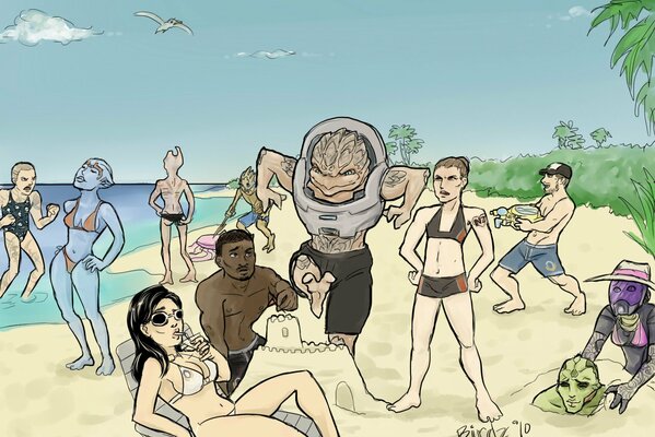 Рисованные люди отдыхают на пляже