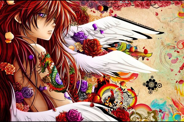 A red-haired girl with wings in flowers