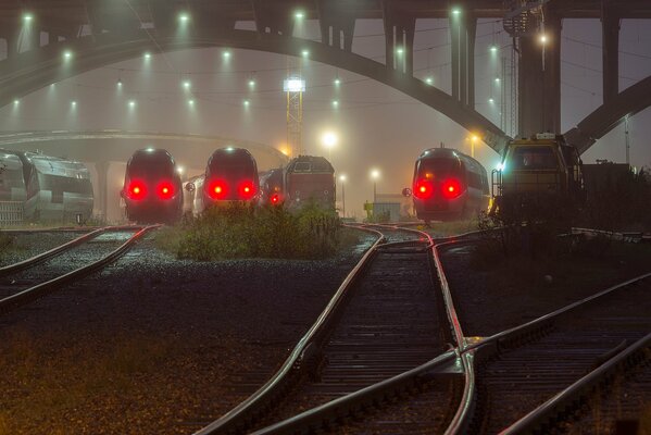 Zug vor dem Hintergrund von Nachtlichtern und Nebel