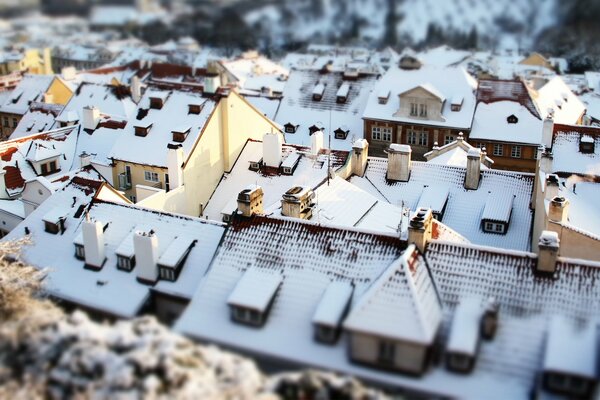 Snow-dusted roofs in winter