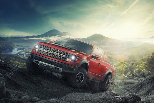 Ford pickup truck made a test drive in the mountains