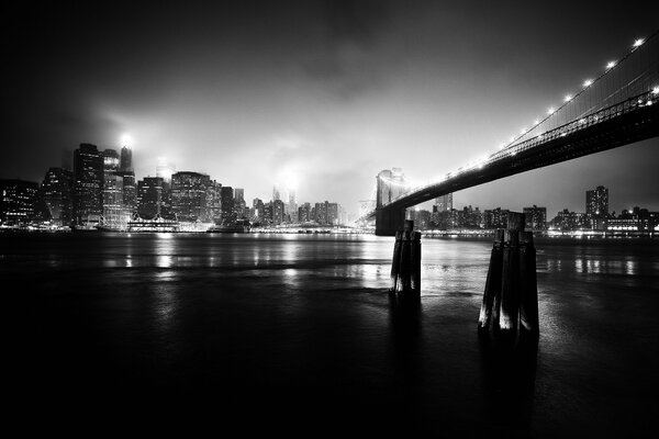 Night city landscape with a bridge over the river