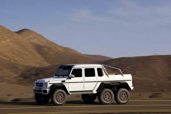 Mercedes Benz white car on the background of mountains