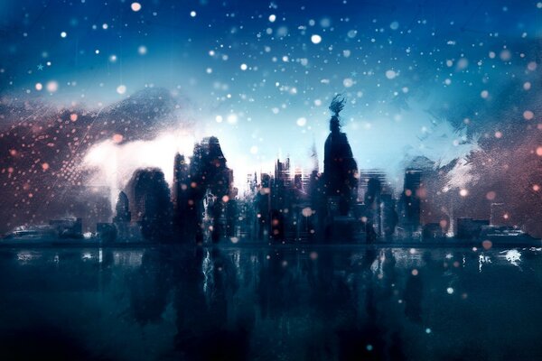 Рисунок города в снегу