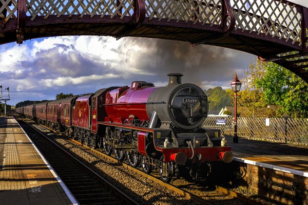 Locomotive à vapeur rouge sous le pont