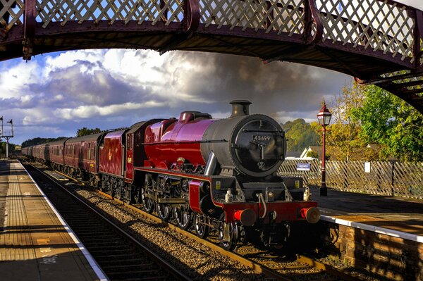 Locomotiva passeggeri rossa sotto il ponte